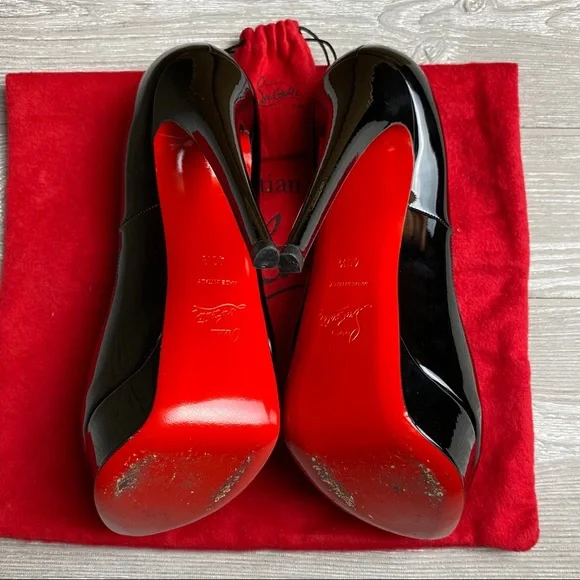 Christian Louboutin Heels Black Patent Lady Peep Toe Pumps 10.5 Red Bottoms - Picture 4 of 13